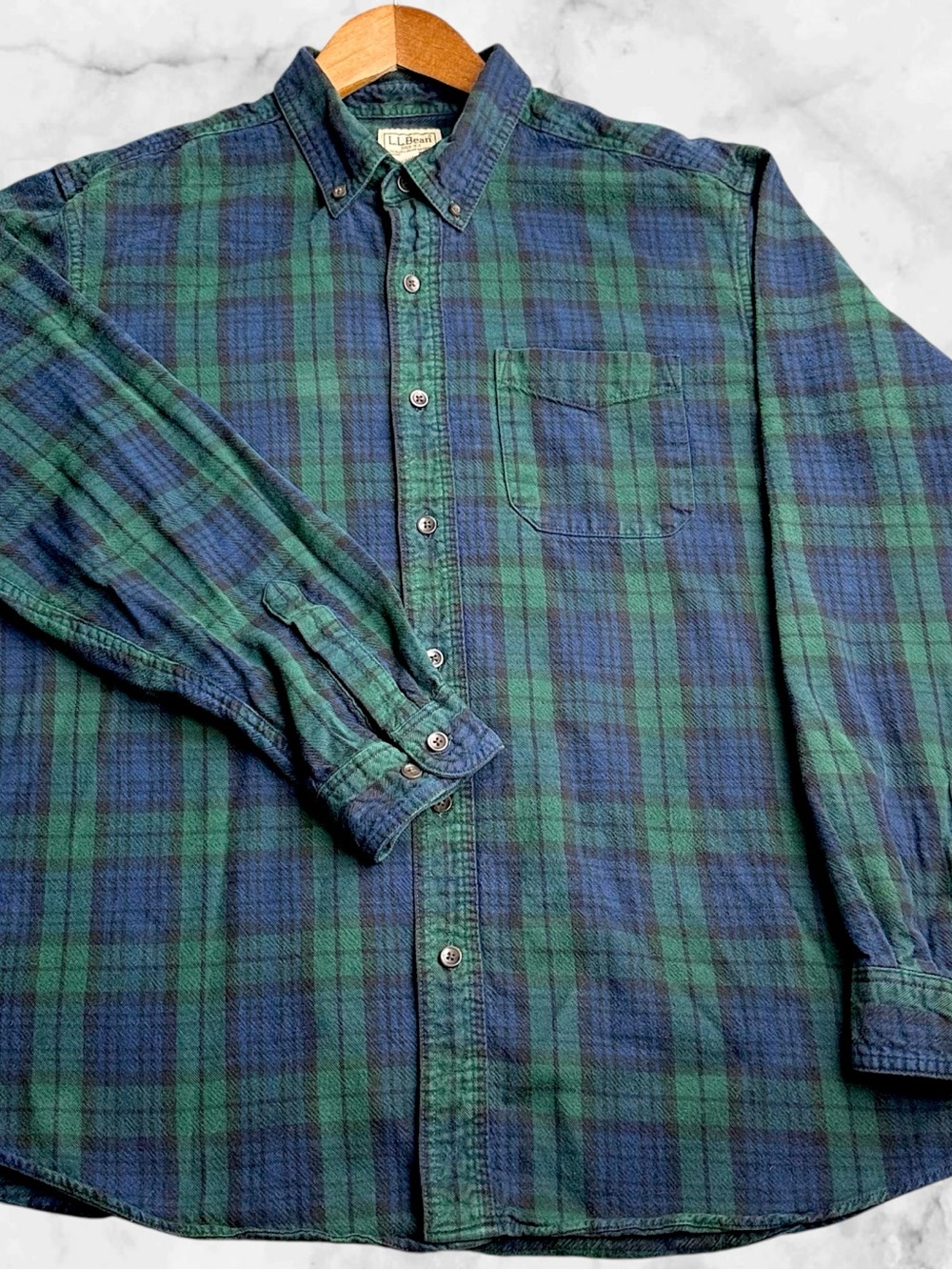 L.L.Bean Flannel Shirt Mens L Traditional Fit Black Watch Plaid Cotton Button Up